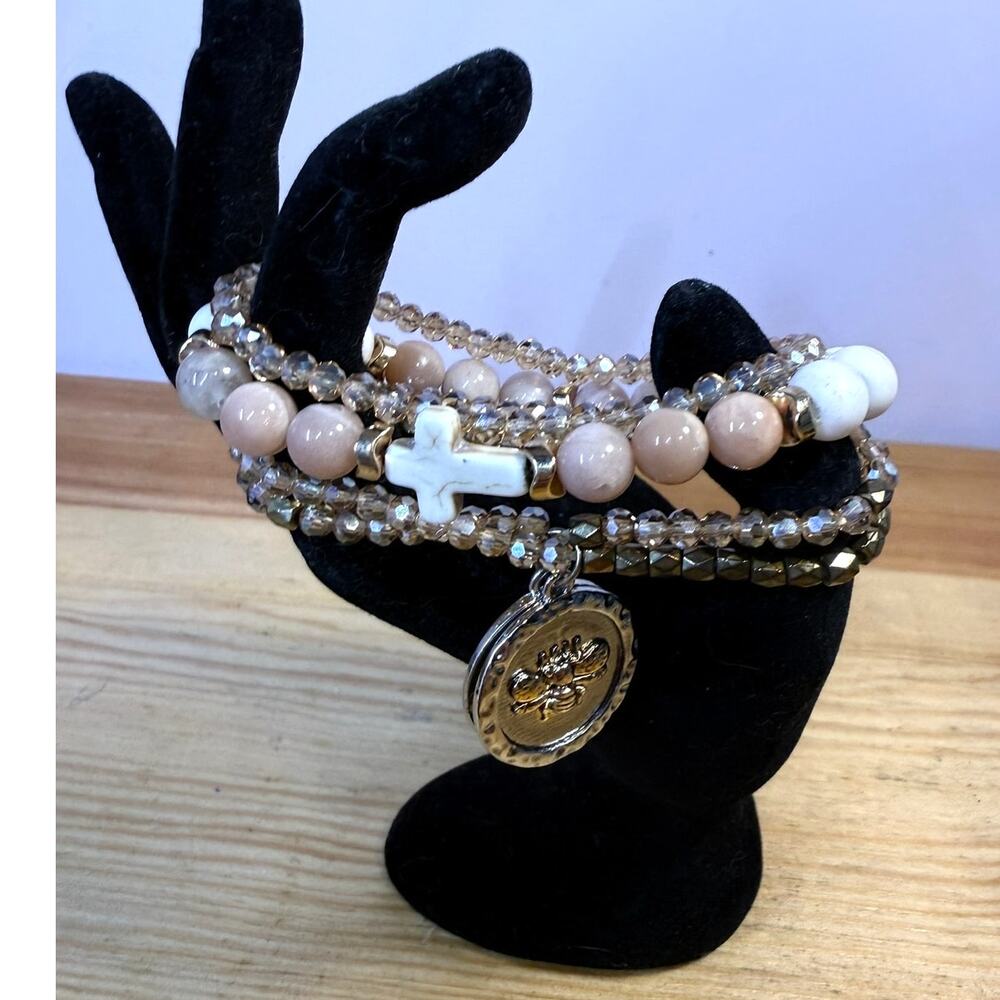 4pc Beaded Stretch Bracelet Stack Cross Bee Faith Inspirational Charms